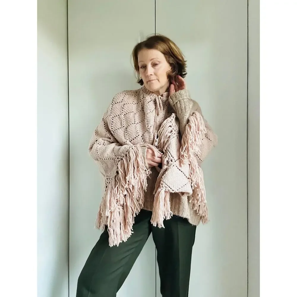 Vintage Hand Knit Poncho in Blush Pink S-L Fit Boho hippie Artisan Fringe Shawl